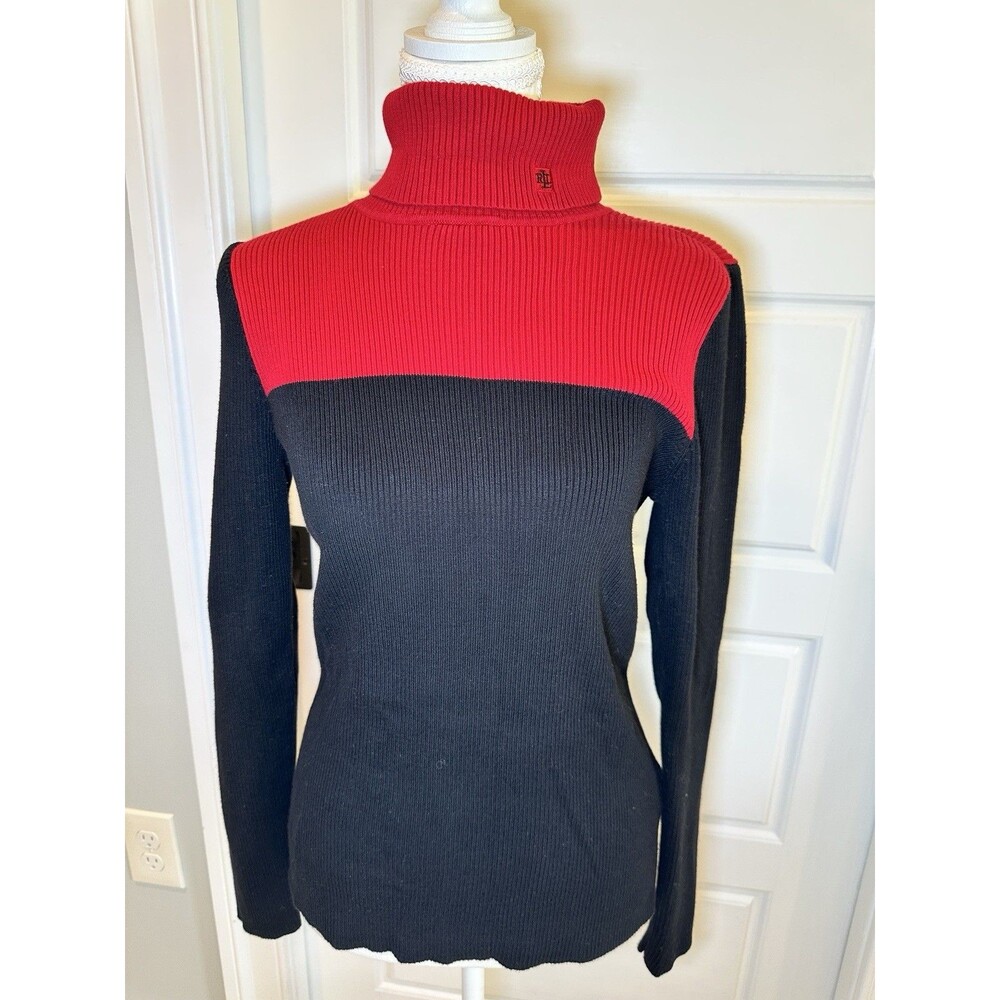 Ralph Lauren Black Red Colorblock Ribbed Turtleneck Sweater Size Large Retro Y2K